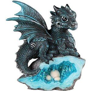 Blue Medieval Baby Dragon with Crystal Egg Nest Decorative Figurine